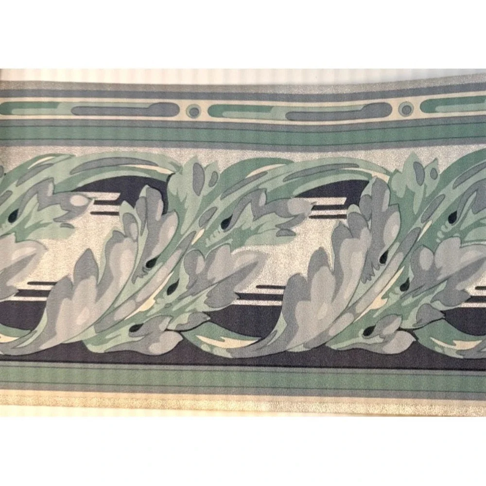North American Wallpaper Border Coastal - Art Deco Blue, Green, Silver